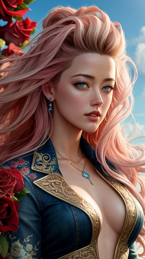 close up photo of Amber Heard, (rose) digital art, official art, blown by the wind, masterpiece, beautiful, paint splatter, intricate detail. Great detail, [dripping:0.7], Trending on Artstation, Rachel Walker