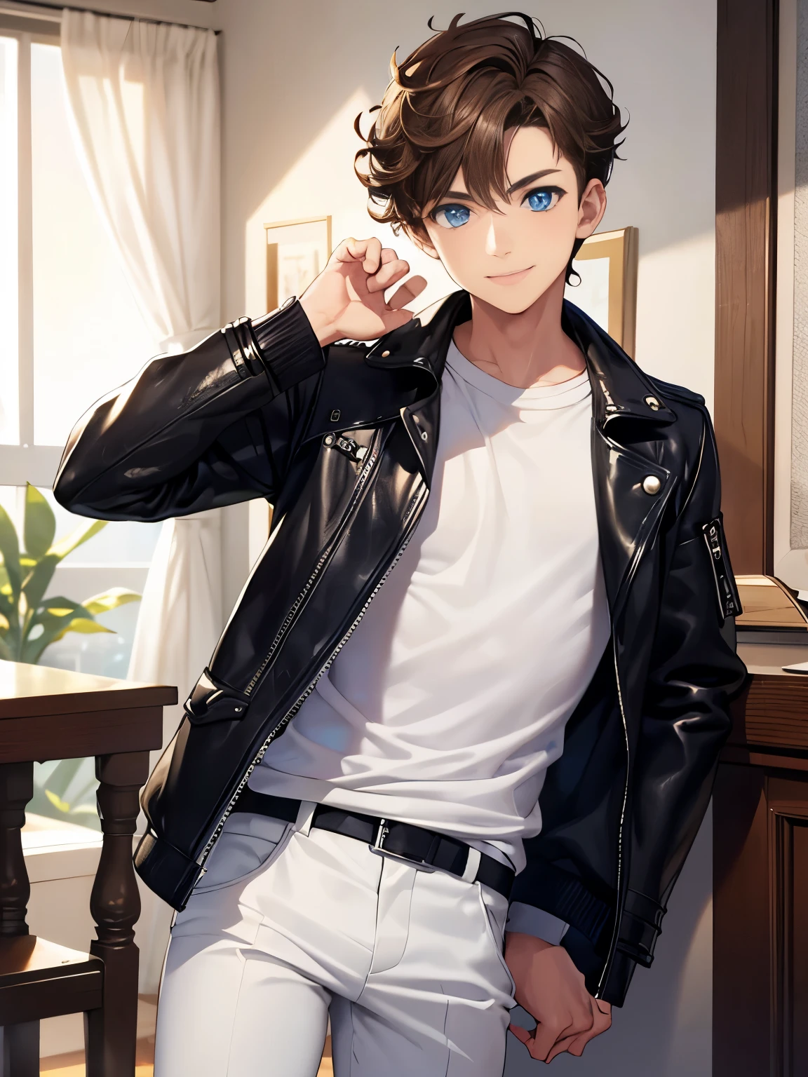 1boy,guy,standing,smile,blue eyes,half body photo,18 years old,Curly hair,medium hair,undercut hairstyle,light brown hair,black jacket,Leather jacket,white t-shirt,white trousers,morning,ultra detail,masterpiece