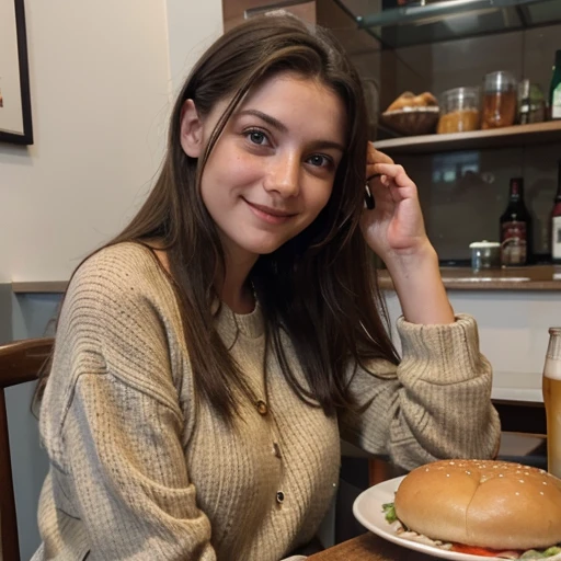Donna, 23 anni, foto realistica, faccia sorridente, a pranzo mangia piccolo hamburger e beva la birra, vestita con jeans, felpa nera, quarta di seno, bella,sexy