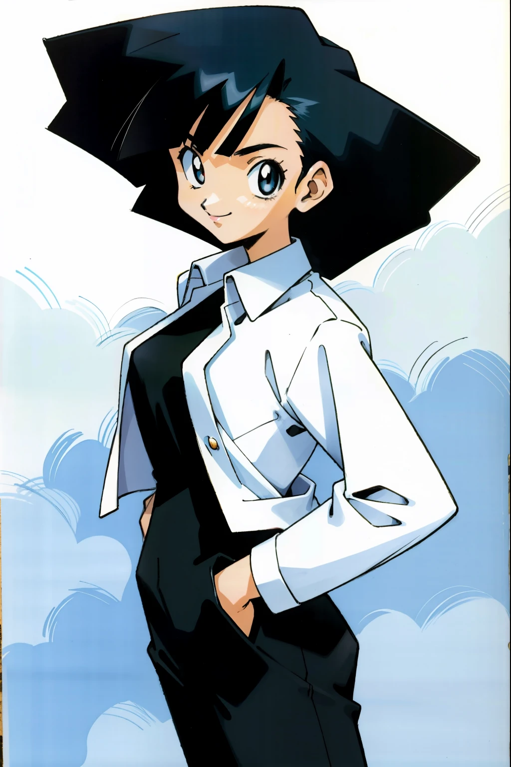 by Ken Sugimori, sugimori 1990s, ((only 1woman)), black business suit, smiling, white collared shirt ((hands behind their back)), full black pupils, manga, best quality, highly detailed, clean lines, cowboy shot, good hands, good eyes, hd, 8k, professional, symmetrical, hires, 8k,