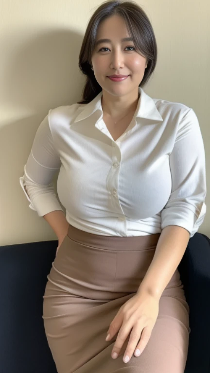 A woman in her bed with short curly black hair, with office clothes