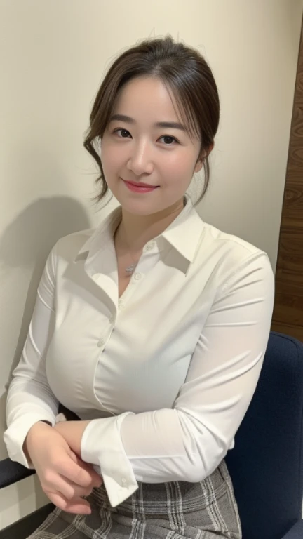 ((highest quality, 8K, masterpiece, portrait: 1.3)), (looking at the viewer), (full shot:0.85), attractive business mature woman, 1 person, a little chubby:0.35, white collared shirt, gray skirt,((big breasts 1.6))) (big pelvis:0.3), (officeの机にあぐらをかいて座っている)), smile:0.2, president'office,good posture、