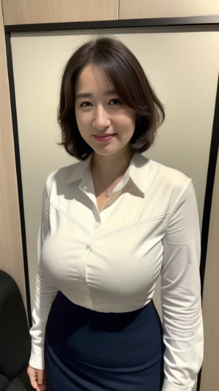((highest quality, 8K, masterpiece, portrait: 1.3)), (looking at the viewer), (full shot:0.85), attractive business mature woman, 1 person, a little chubby:0.35, white collared shirt, gray skirt,((big breasts 1.6))) (big pelvis:0.3), (officeの机にあぐらをかいて座っている)), smile:0.2, president'office,good posture、