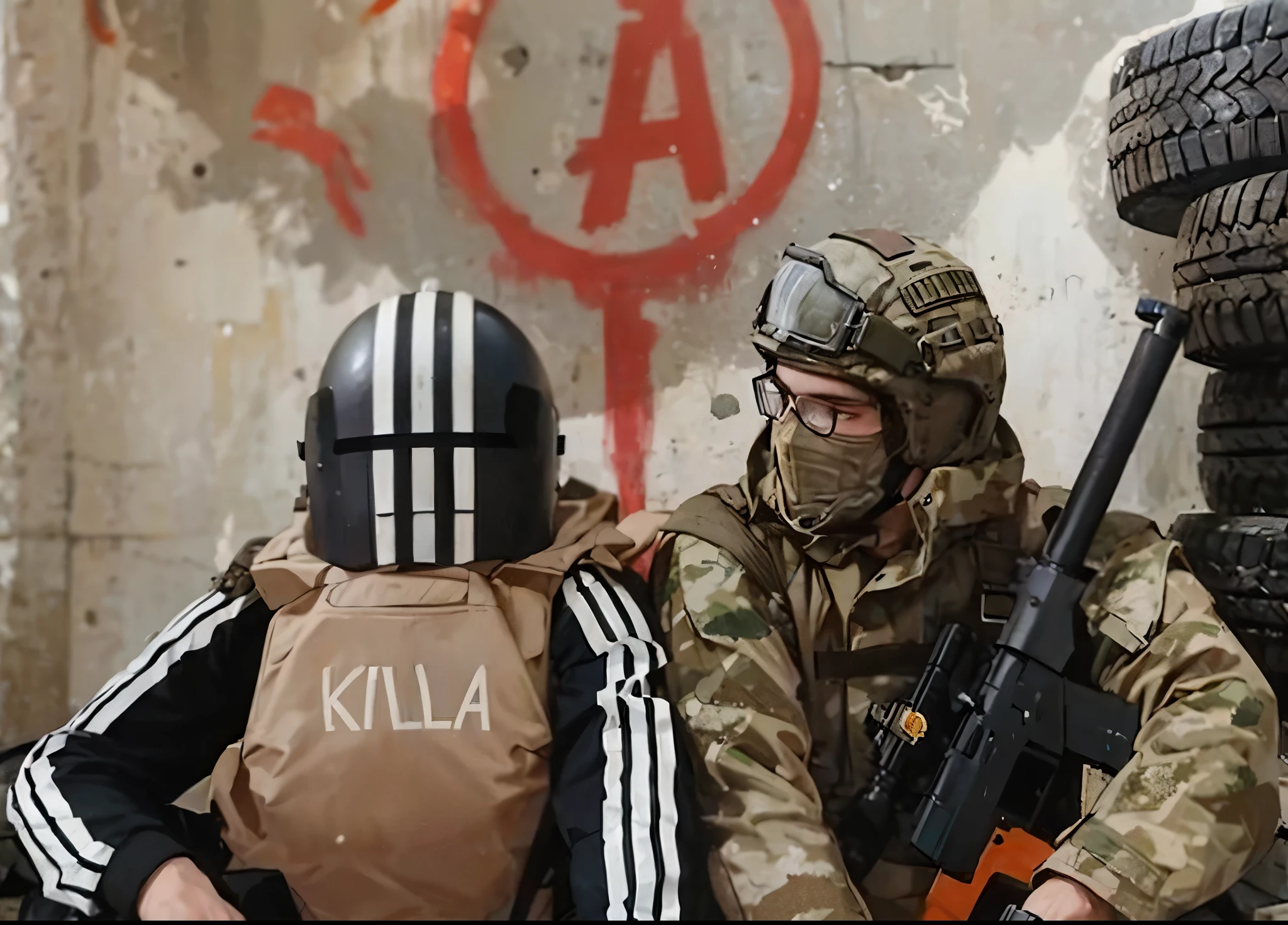 2 boys, older, body armor , helmet, a mask, camouflage shirt, cargo pants, military base, Daytime, ((Full length portrait)) , wind cutter