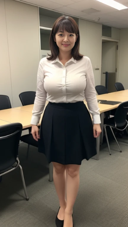 ((highest quality, 8K, masterpiece, portrait: 1.3)), (looking at the viewer), (full shot:0.85), attractive business mature woman, 1 person, a little chubby:0.4,brown medium hair、 white collared shirt, gray tight skirt,((big breasts 1.6)) (big pelvis:0.9), ((Are standing)), smile:0.2, conference room、,good posture、カーテンを閉め切ったconference room、a little dark room、