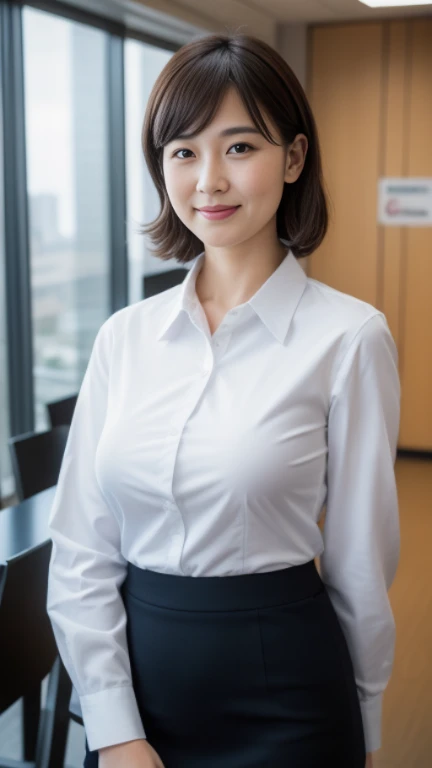 ((highest quality, 8K, masterpiece, portrait: 1.3)), (looking at the viewer), (full shot:0.85), attractive business mature woman, 1 person, a little chubby:0.4,brown medium hair、 white collared shirt, gray tight skirt,((big breasts 1.6)) (big pelvis:0.9), ((Are standing)), smile:0.2, conference room、,good posture、カーテンを閉め切ったconference room、a little dark room、