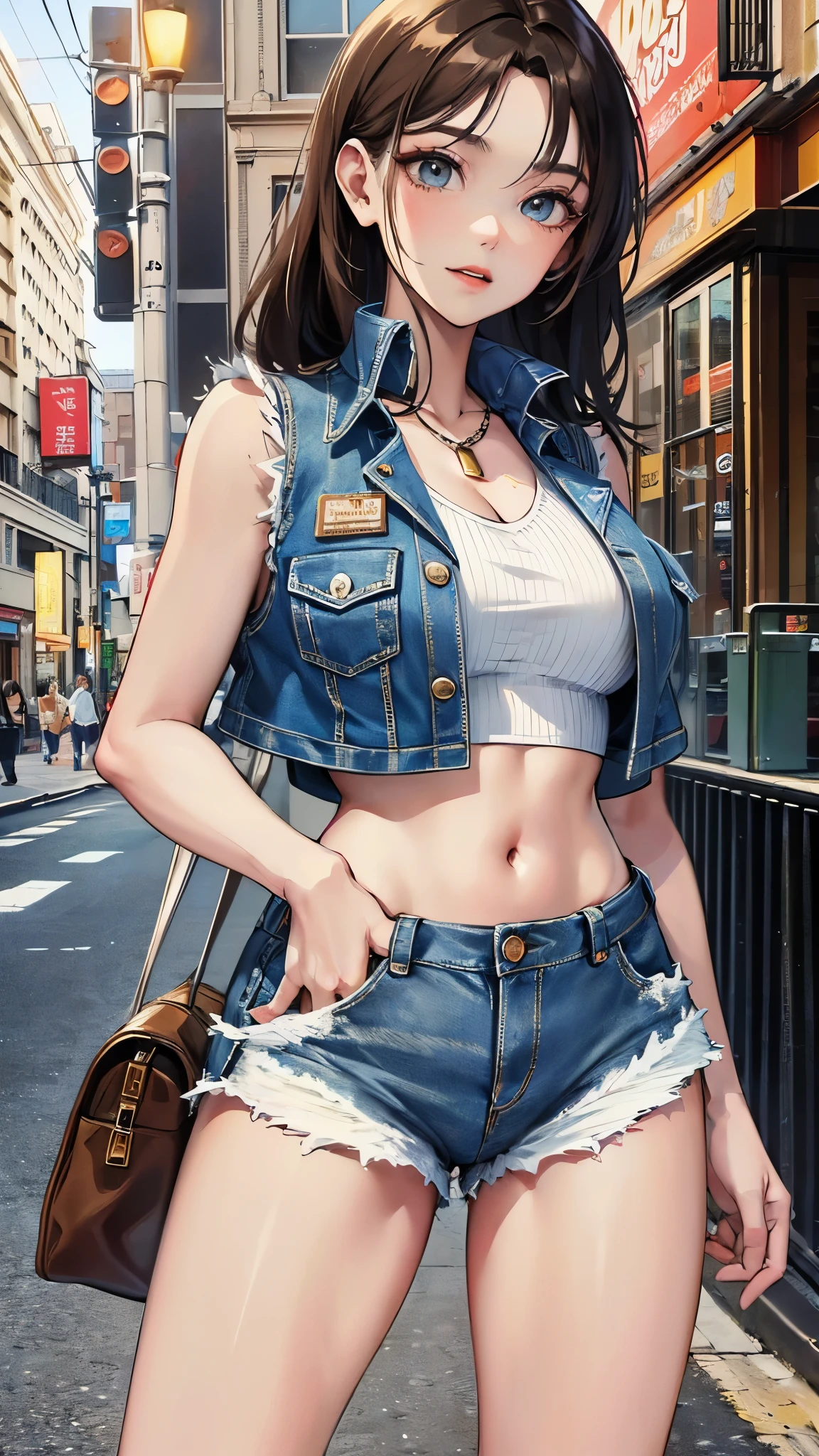 ((highest quality)),(ultra high resolution),(Super detailed),(detailed description),((best CG)),(best work of art),super precision art,amazing drawing art,(Art with precise details:1.5), (Adult woman walking on the street:1.6),(beautiful and well-shaped face:1.5),(crop top front open vest:1.6),(denim shorts:1.5)