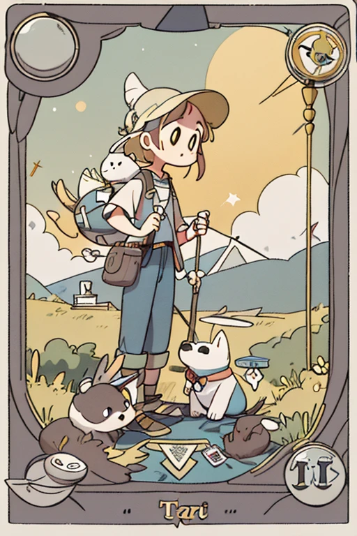 (tarot card:1.8),the fool\(tarot card\),#Quality(8k,best quality,masterpiece,cinematic), #1girl(cute, kawaii,small kid,standing at the cliff,holding stick,holdinging bindle,ragged clothes),#1white dog(beside the girl),#background(you can see icy mountain in farside,yellow sky,white sun),from side,(at the bottom written txt:"THE FOOL")