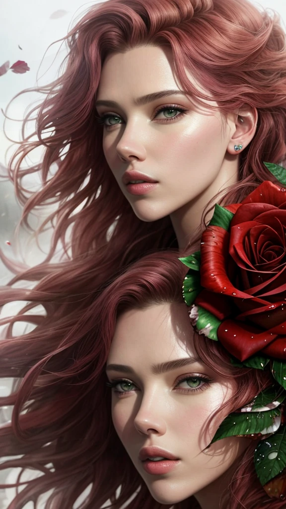 close up photo of Scarlett Johansen, (rose) digital art, official art, blown by the wind, masterpiece, beautiful, paint splatter, intricate detail. Great detail, [dripping:0.7], Trending on Artstation, Rachel Walker