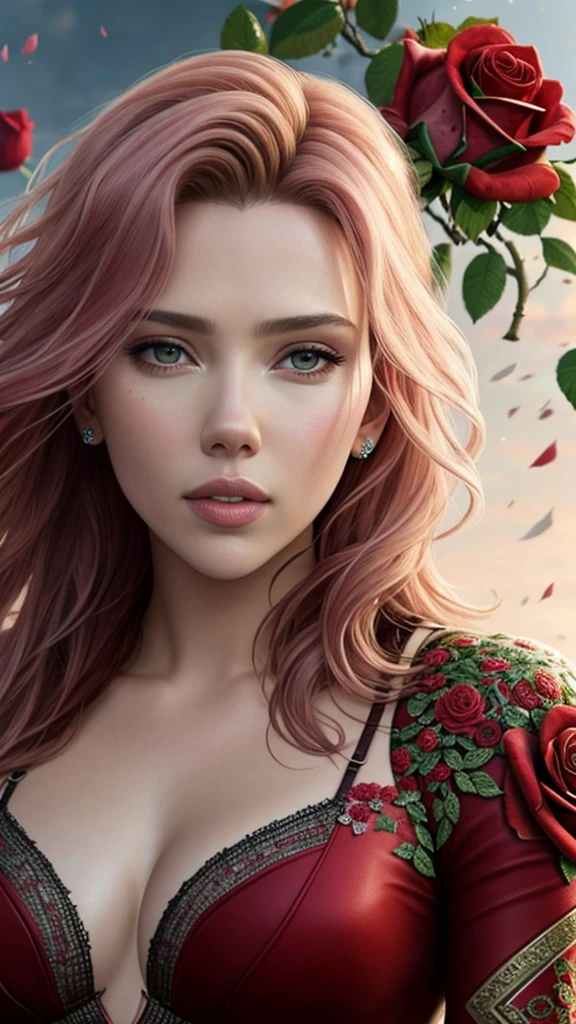 close up photo of Scarlett Johansen, (rose) digital art, official art, blown by the wind, masterpiece, beautiful, paint splatter, intricate detail. Great detail, [dripping:0.7], Trending on Artstation, Rachel Walker