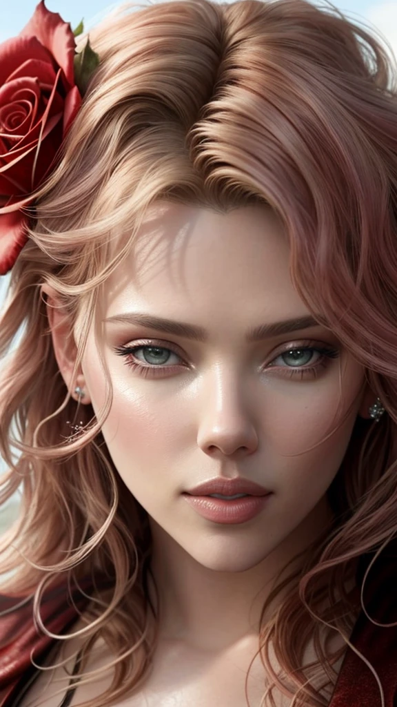 close up photo of Scarlett Johansen, (rose) digital art, official art, blown by the wind, masterpiece, beautiful, paint splatter, intricate detail. Great detail, [dripping:0.7], Trending on Artstation, Rachel Walker