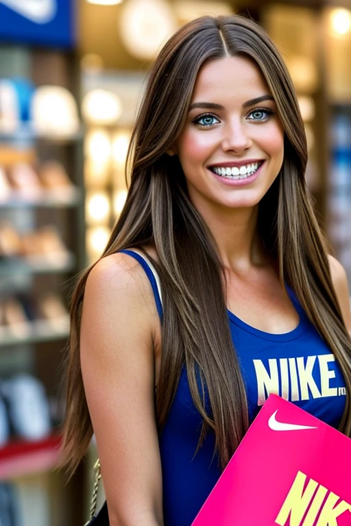 Una chica muy sexy, long light brown hair, ojos azul claro,  ,muy sexy y realista , tiene hechas las trenzas  .cuerpo completo ,He is laughing and looking at the camera with 3 Nike bags and is in a business paying with the card ,centro comercial de Madrid., Spain.