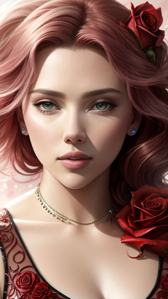 close up photo of Scarlett Johansen, (rose) digital art, official art, blown by the wind, masterpiece, beautiful, paint splatter, intricate detail. Great detail, [dripping:0.7], Trending on Artstation