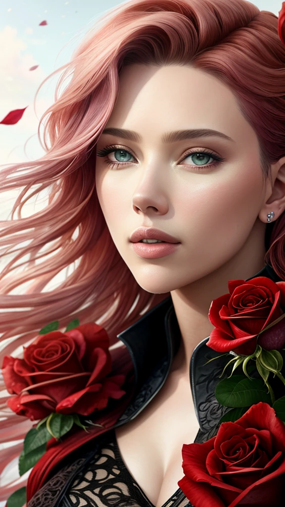 close up photo of Scarlett Johansen, (rose) digital art, official art, blown by the wind, masterpiece, beautiful, paint splatter, intricate detail. Great detail, [dripping:0.7], Trending on Artstation