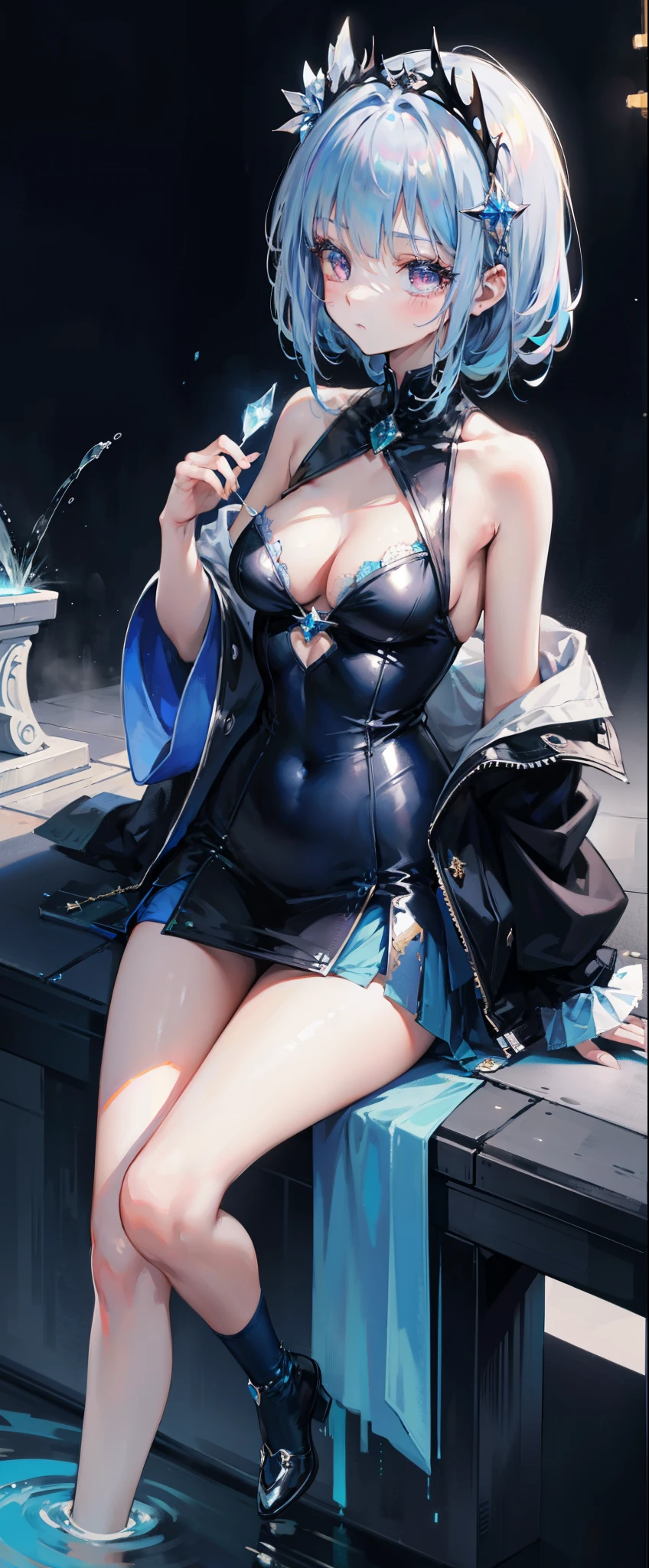 blue theme, masterpiece, magic , (impossible clothes:1.5), miniskirt, gradient background, silver blue hair, , blunt bangs,side lock, pink eyes, (ulzang-6500-v1.1:0.9), 中等breast, breast, Thigh clearance, hair accessories, Arched back, Black_witch_have,complex_Deco,mystery_fountain,luminescent_crystal