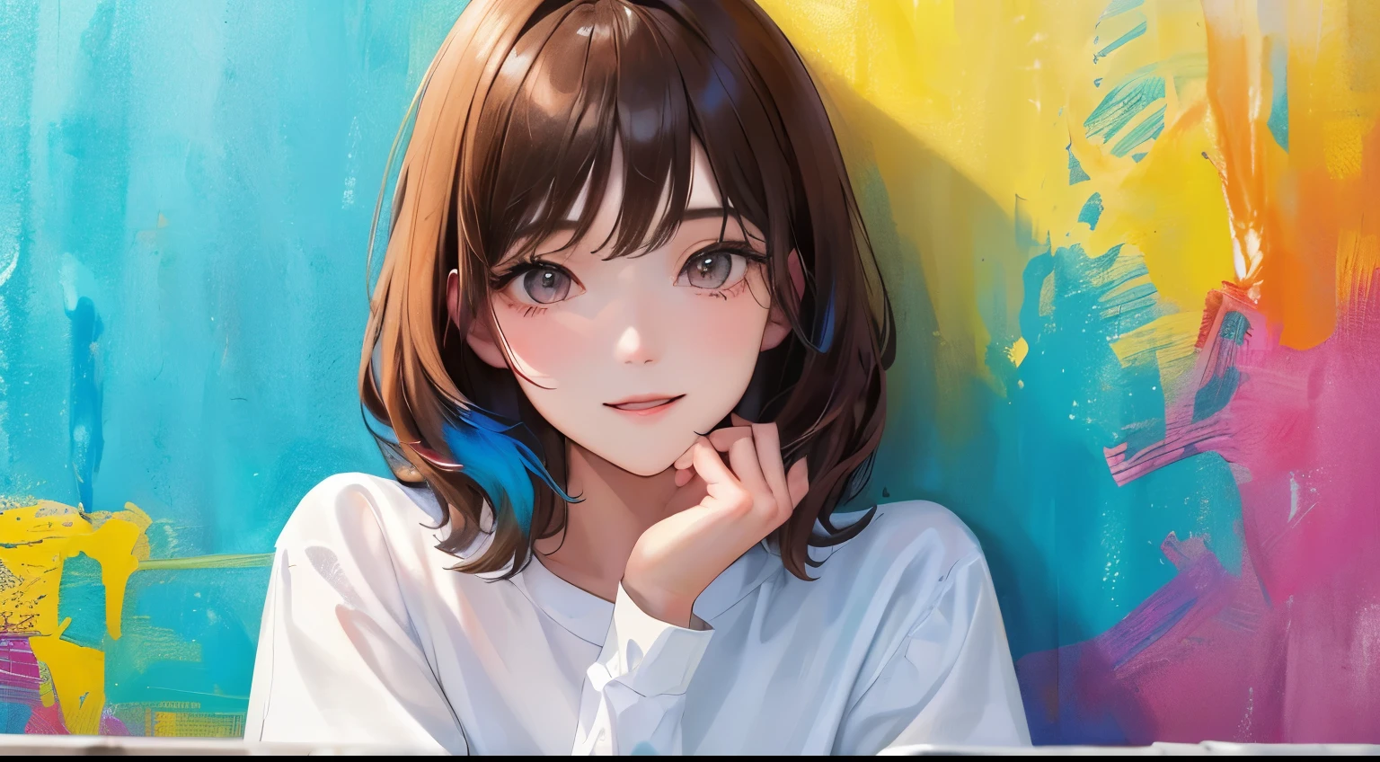 (((one girl)))、Masterpiece,best quality, (((Colorful paint on the wall))), determined expression, upper body diagram、((Smile))、White shirt with paint stains、 (highest resolution、clear_image)、best quality、contrast of light and shadow、((illumination))、very detailed、semi-realistic、Perm hairstyle、brown hair、bangs、19 years old、outdoor、 Lady,,young、((View from top))、delicate facial features facial features