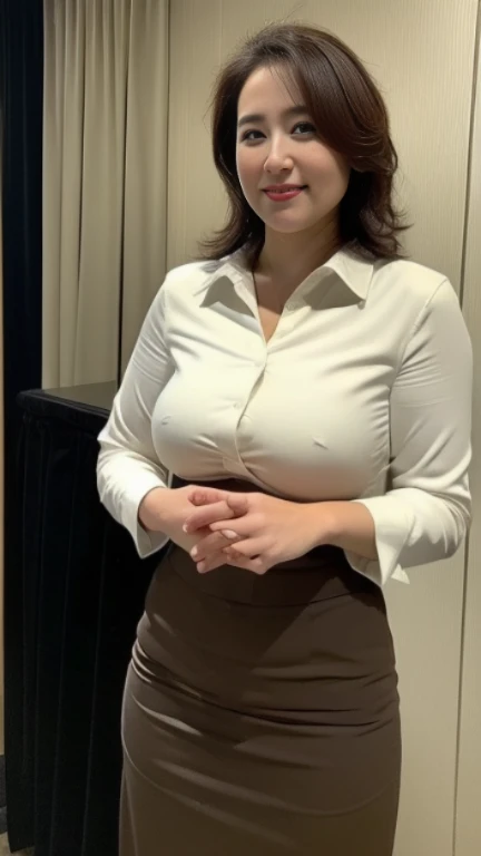 ((highest quality, 8K, masterpiece, portrait: 1.3)), (looking at the viewer), (full shot:0.85), attractive business mature woman, 1 person, a little chubby:0.4,brown medium hair、 white collared shirt, gray tight skirt,((big breasts 1.6)) (big pelvis:0.9), ((Are standing)), smile:0.2, conference room、,good posture、カーテンを閉め切ったconference room、a little dark room、