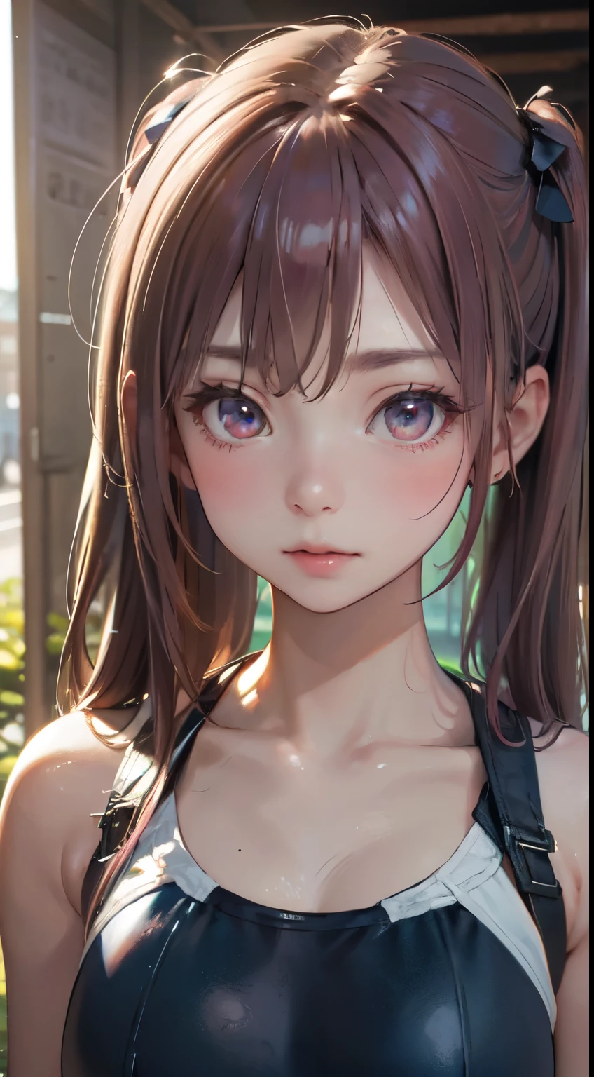 Old body portrait of a beautiful girl、Delicate、detaileds、masterpiece、Real Stick、3D background、Backgrounds with depth、Realistically exaggerate changes in material texture、Exaggeration of gloss、The best transcendental virtuosity、twin tails、pink hair color、swimsuit、スクールswimsuit