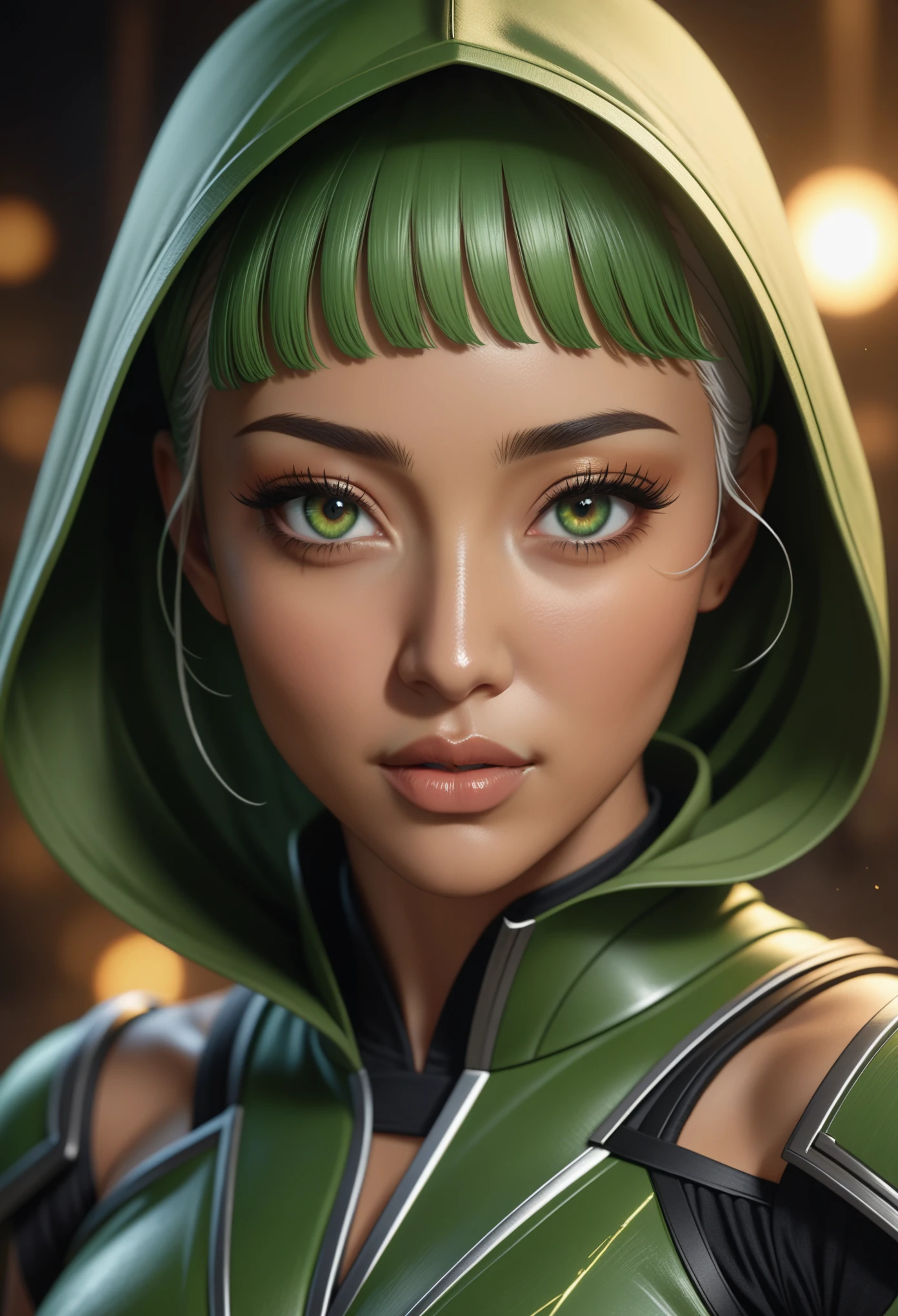 Cinematic soft lighting illuminates Tati Gabrielle (Tati Gabrielle) close-up of，She is wearing green clothing，wearing hood，Extremely detailed and ultra-realistic, Mortal Kombat 11, Jade in Mortal Kombat, In Mortal Kombat, mk ninja, Wearing green armor and helmet, Akali, take off, Popular content on ArtStation. Octane is the perfect tool to capture the softest details of this 16k photographic masterpiece