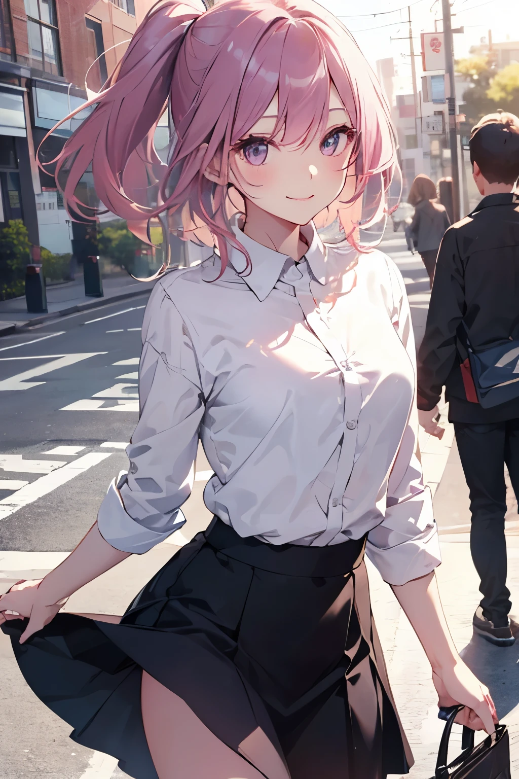 （Pretty sister:1.3）、long eyelashes、happy face,spring atmosphere、evening、aggressive、hot、((strong wind))、black skirt、shining eyes、Y-shirt、company、pink hair
