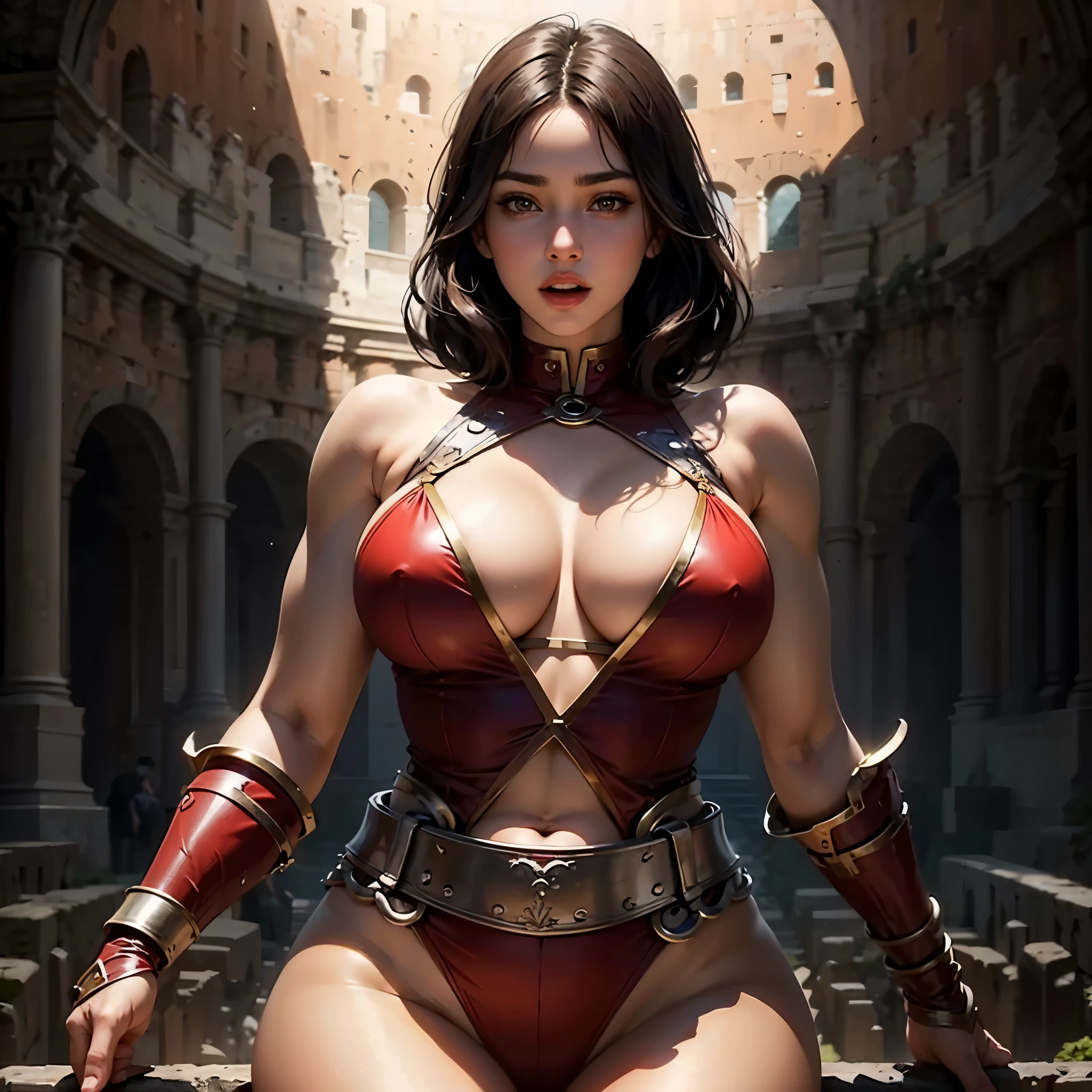 (RAW photo), (Realistic), (photo-realistic), ultra high resolution, masterpiece, highest quality, portrait, facial portrait, perfect lighting, detailed lighting, dramatic shadow, ray tracing, 1 Japanese beautiful young lady, 20 years old, beautiful Femail Gladiator, perfect anatomy, Voluptuous, cleavage, symmetrical eyes, beautiful detailed brown eyes, chubby lips, big tits, big ass, big thick thighs, abs, muscle, shortcut messy hair, black hair, half open mouth, looking at viewer, ((wearing a erotic Gladiator costume)), ((in Rome Arena)), erotic pose,