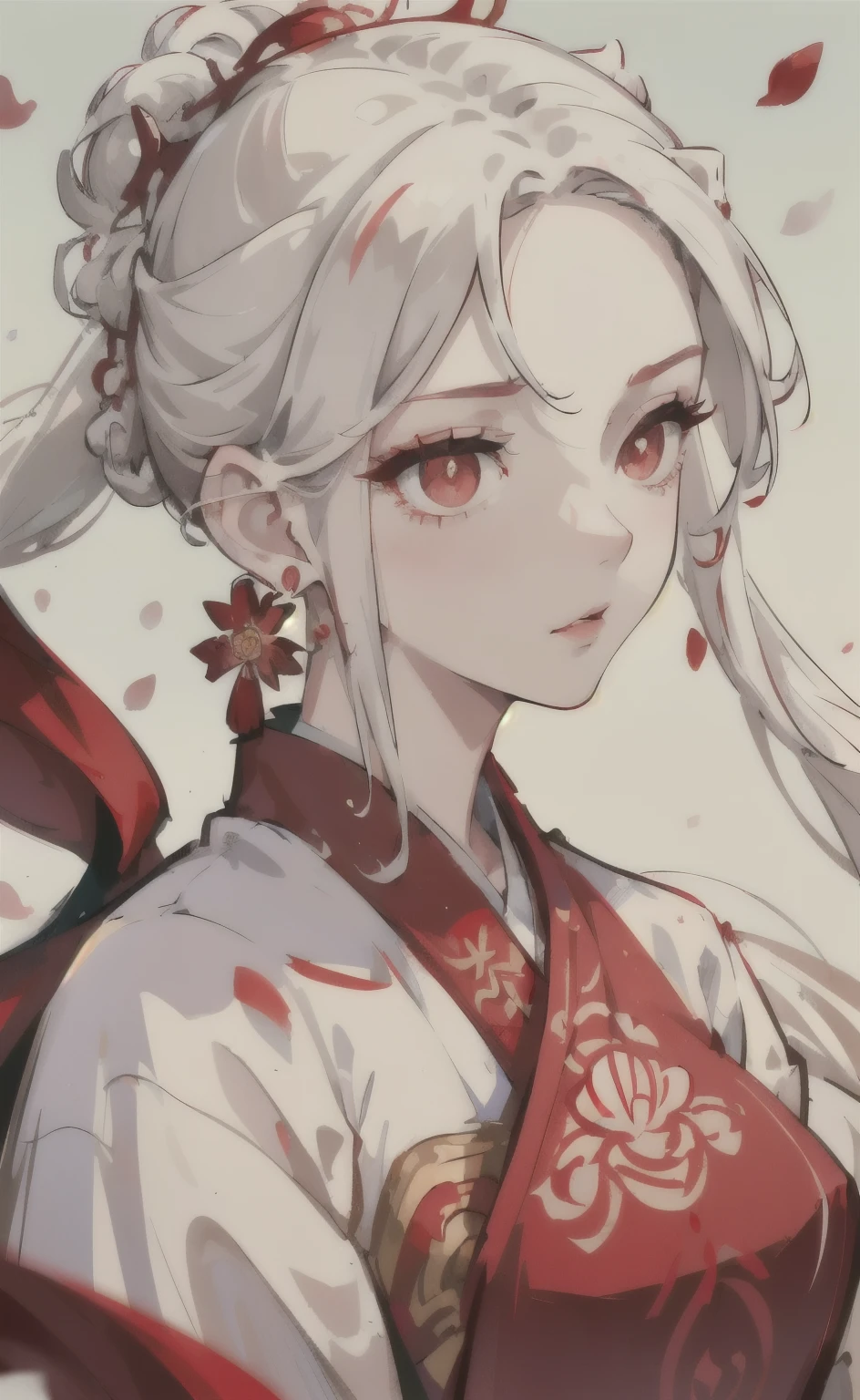 mature girl , white hair, flowing hair, red pupils,Eyes are delicate and smart, , red brocade hanfu, Gorgeous accessories, wearing pearl earrings, field of view, F1.8, masterpiece, Complex scenes, petals flying, Frontal portrait shooting,