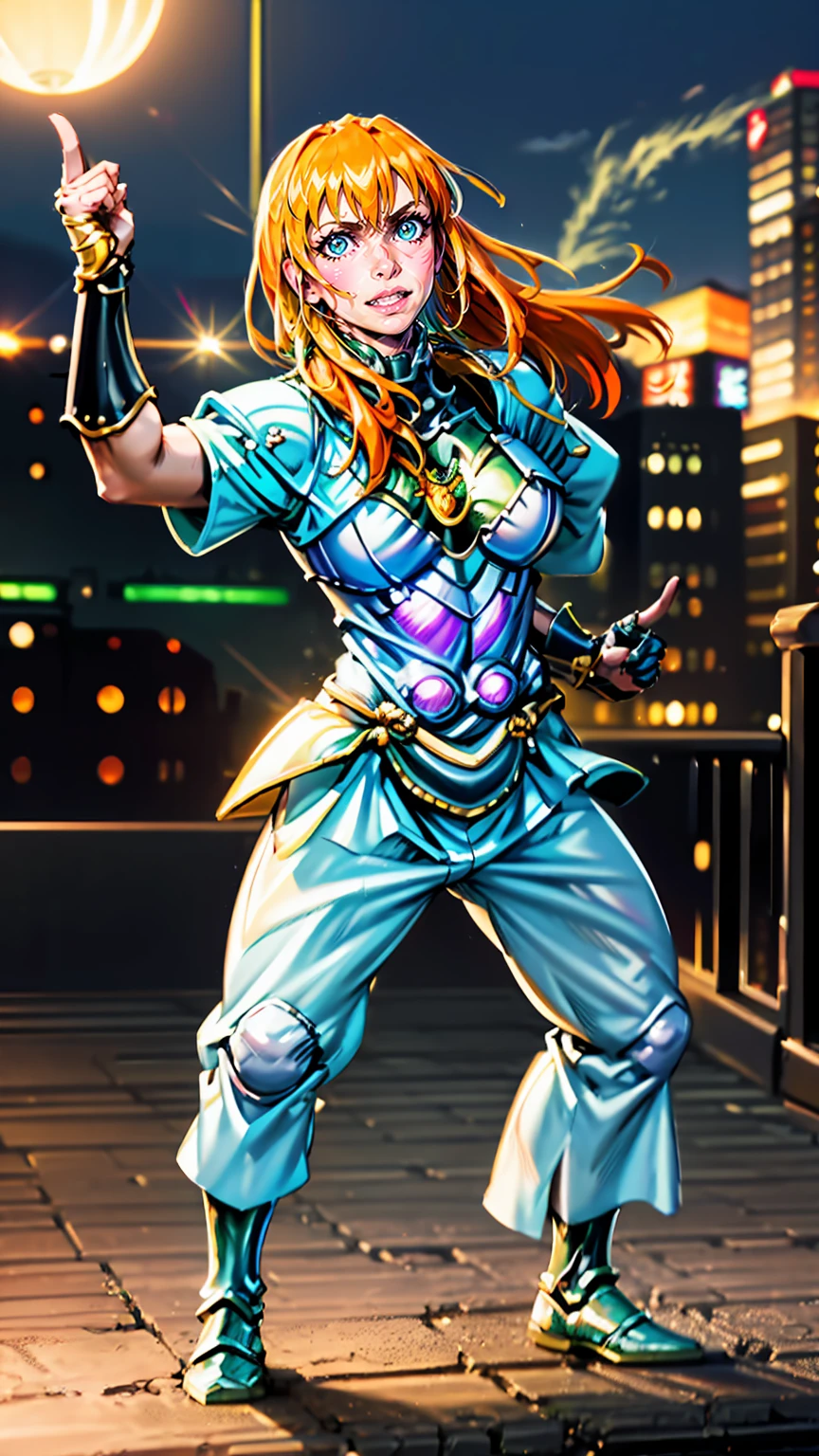 excel, orange hair, smile, fang, open mouth, green eyes,standing, medium breast, pants, pullover, , full body,knight armor, armore, fantasy cyberpunk city magic, martial arts, martial pose, entire body, full body, posing,