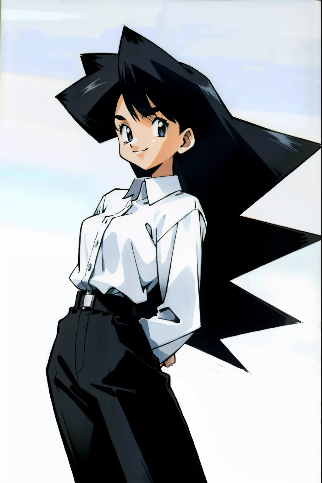 by Ken Sugimori, sugimori 1990s, ((only 1woman)), black business suit, smiling, white collared shirt ((hands behind their back)), full black pupils, manga, best quality, highly detailed, clean lines, cowboy shot, good hands, good eyes, hd, 8k, professional, symmetrical, hires, 8k,