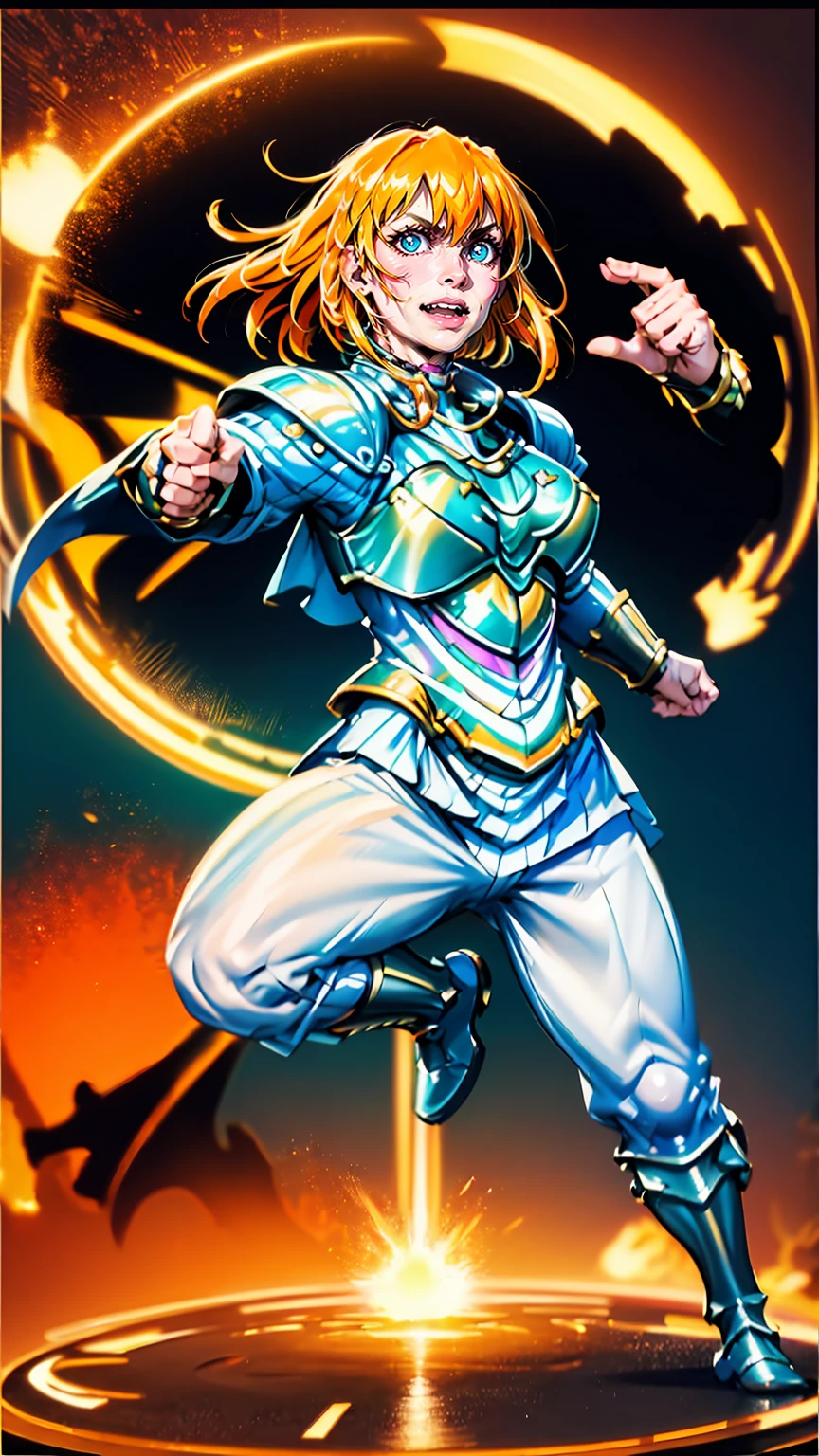 excel, orange hair, smile, fang, open mouth, green eyes,standing, medium breast, pants, pullover, , full body,knight armor, armore, fantasy cyberpunk city magic, martial arts, martial pose, entire body, full body, posing,