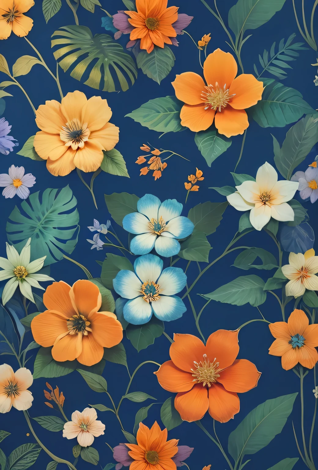a blue and orange floral pattern with helloween , floral pattern, blue forest with flowers, indigo blooming flowers garden, flower wallpaper, floral motive, flower explosion, plants allover, in the jungle. bloom, Kitten and orange and cyan, floral environment, gorgeous flowers, floral patterned skin, flowers growing, wallpaper 4k
