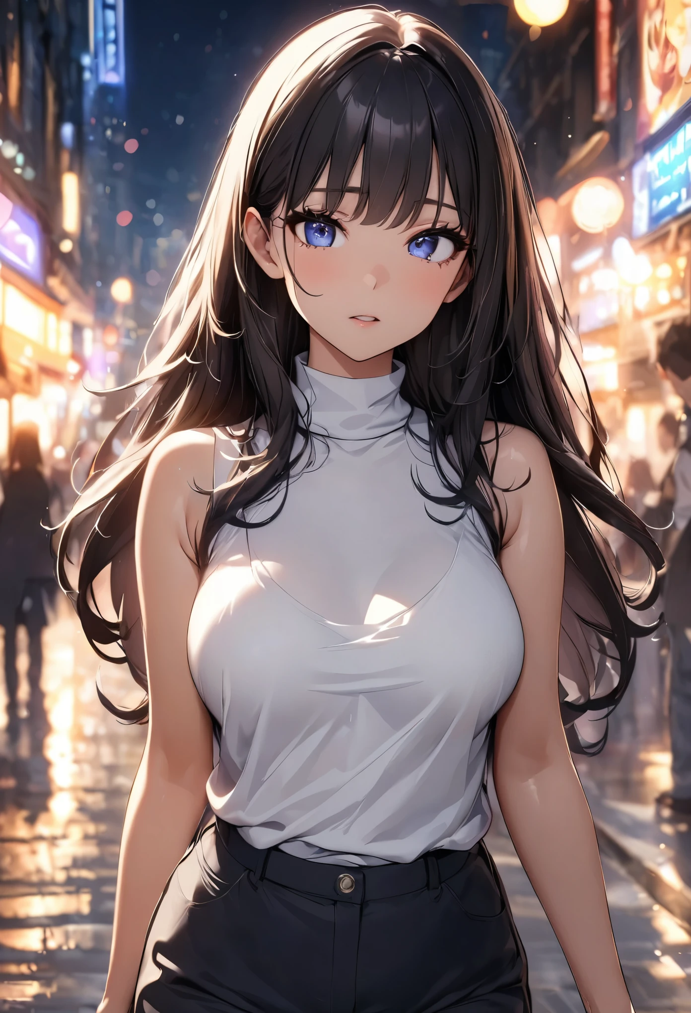 (highest quality, 8k, 4k, High resolution, masterpiece:1.2), Super detailed, beautiful illustrations, 鮮やかなcolor, Lens flare, natural light, one person, woman, beautiful face details, beautiful eyes, long eyelashes, soft lips, (small face), (薄い紫colorの髪, long hair, 茶colorい目), perfect face, shiny skin, (beautiful breasts), open your mouth and laugh:1.2, (turtleneck knit:1.2, No sleeve, pants style), (shifting gaze, color々I&#39;m interested in something, light steps), bustling street, Strolling around, Light and shadow with attention to detail, background bokeh.