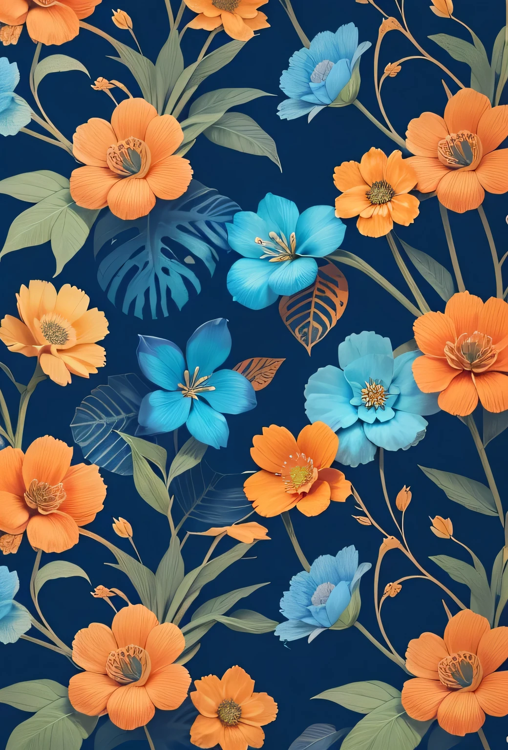 a blue and orange floral pattern with helloween , floral pattern, blue forest with flowers, indigo blooming flowers garden, flower wallpaper, floral motive, flower explosion, plants allover, in the jungle. bloom, Kitten and orange and cyan, floral environment, gorgeous flowers, floral patterned skin, flowers growing, wallpaper 4k