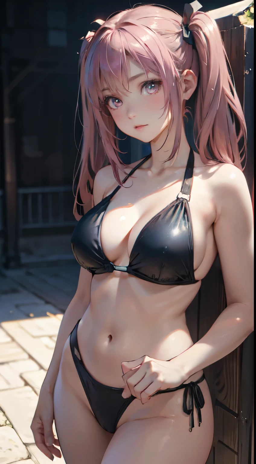Old body portrait of a beautiful girl、Delicate、detaileds、masterpiece、Real Stick、3D background、Backgrounds with depth、Realistically exaggerate changes in material texture、Exaggeration of gloss、The best transcendental virtuosity、twin tails、pink hair color、swimsuit、bikini