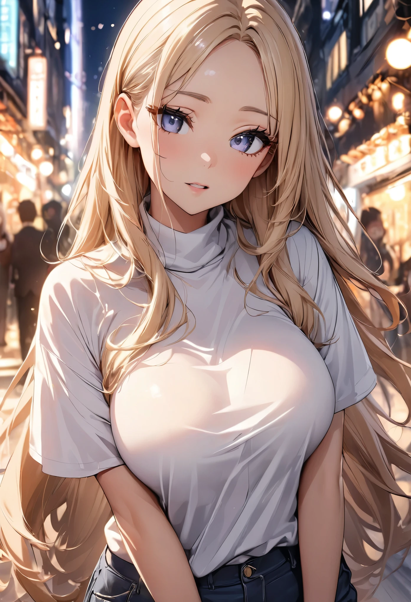 (highest quality, 8k, 4k, High resolution, masterpiece:1.2), Super detailed, beautiful illustrations, 鮮やかなcolor, Lens flare, natural light, one person, woman, beautiful face details, beautiful eyes, long eyelashes, soft lips, (small face), (薄い紫colorの髪, long hair, 茶colorい目), perfect face, shiny skin, (beautiful breasts), open your mouth and laugh:1.2, (turtleneck knit:1.2, No sleeve, pants style), (shifting gaze, color々I'm interested in something, light steps), bustling street, Strolling around, Light and shadow with attention to detail, background bokeh.