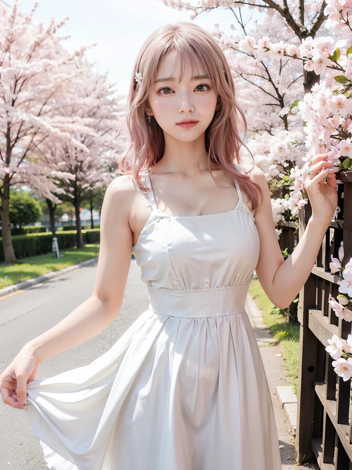 light pink hair, pink eyes, pink and white, cherry blossom leaves, Bright colors, white dress, paint splashes, simple background, ray tracing, wavy hair