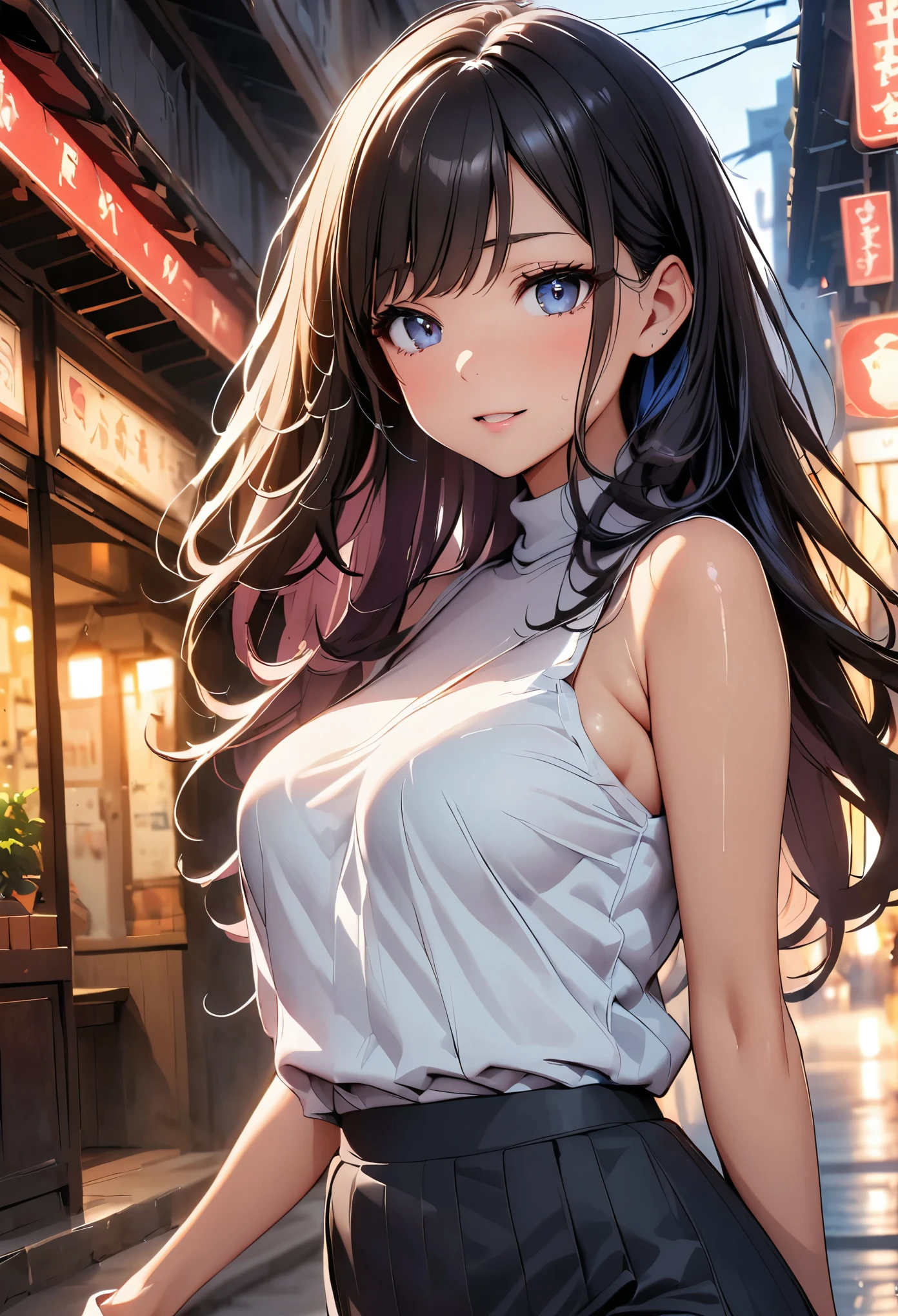 (highest quality, 8k, 4k, High resolution, masterpiece:1.2), Super detailed, beautiful illustrations, 鮮やかなcolor, Lens flare, natural light, one person, woman, beautiful face details, beautiful eyes, long eyelashes, soft lips, (small face), (薄い紫colorの髪, long hair, 茶colorい目), perfect face, shiny skin, (beautiful breasts), open your mouth and laugh:1.2, (turtleneck knit:1.2, No sleeve, pants style), (shifting gaze, color々I'm interested in something, light steps), bustling street, Strolling around, Light and shadow with attention to detail, background bokeh.
