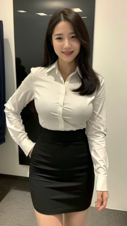((highest quality, 8K, masterpiece, portrait: 1.3)), (looking at the viewer), (full shot:0.85), attractive business mature woman, 1 person, a little chubby:0.35, white collared shirt, gray skirt,((big breasts)) (big pelvis:0.3), (officeの机にあぐらをかいて座っている)), smile:0.2, president'office,good posture、