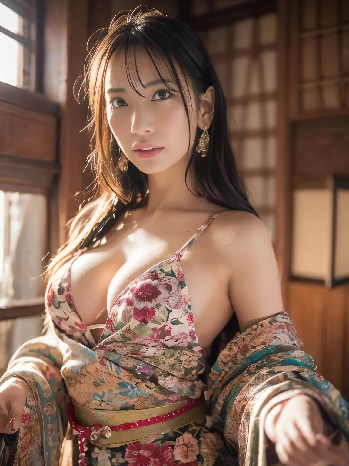 (highest quality,8K,masterpiece),
very beautiful face,40 year old Japanese model,
huge tit,clavicle,shoulder,
kimono,