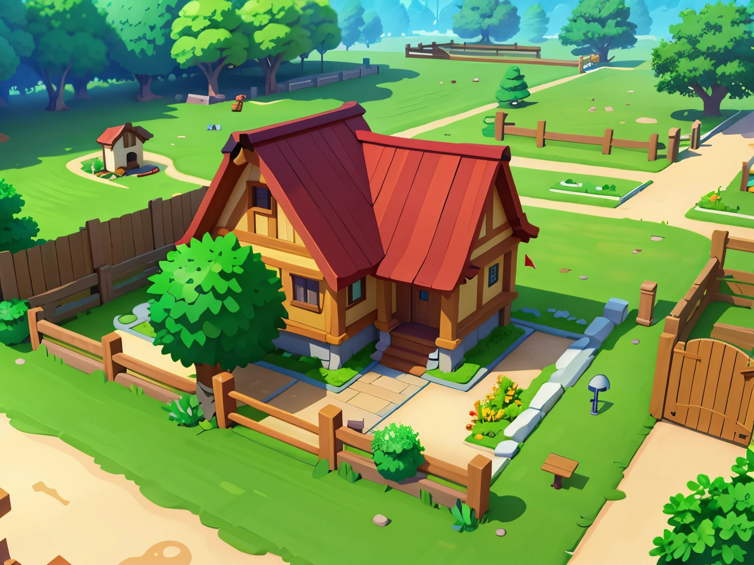 line drawing、cel shading、hand drawn、, ,building,simple design,Nintendo Style,, SLG game construction, fantasy village、soil、wood、Grass、fence、Home、woodの壁、石のsoil台、well, concept art,