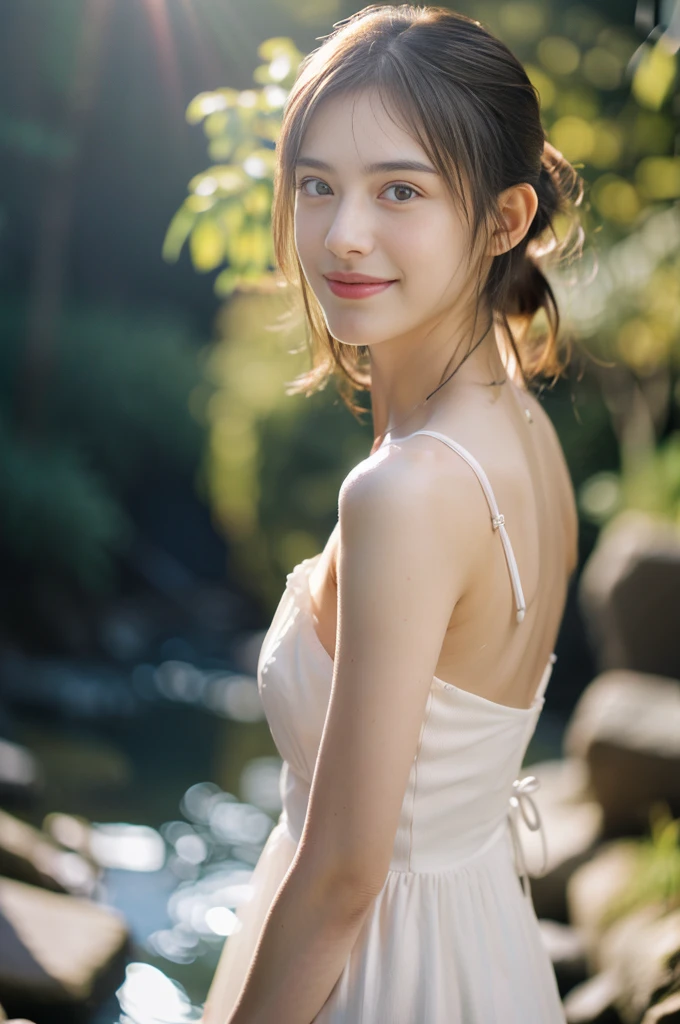 ((1 person)),((realistic))), ((AKB48))), (full body photo)), look up from below, twilight, facing away, ((((Lens flare)))),((Backlight)))))), ((in the forest)), ((A clear stream deep in the dark mountains)),((background rocks)),((smile),((Nikon Z))), (19 years old),( small bust)))), (((white dress)))), ((((Pore feeling)))), (skin feel))))), (photorealism: 6, realistic))))), (Sideways and turning poses))),perfect chest shape, naked ass, side ponytail, ribbon, hair ornaments, pale skin, looking at the viewer, thin waist