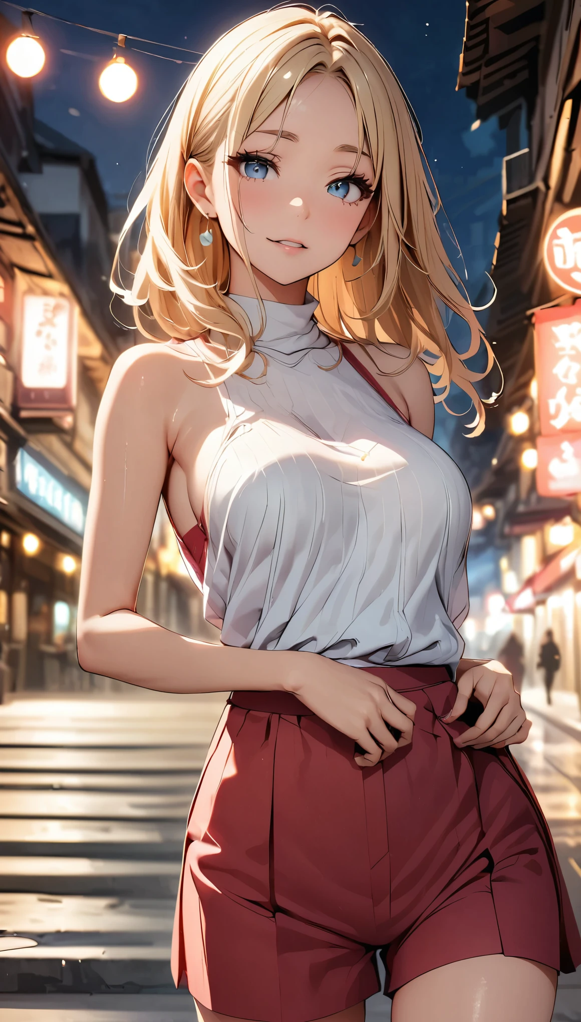 (highest quality, 8k, 4k, High resolution, masterpiece:1.2), Super detailed, beautiful illustrations, 鮮やかなcolor, Lens flare, natural light, one person, woman, beautiful face details, beautiful eyes, long eyelashes, soft lips, (small face), (薄い紫colorの髪, long hair, 茶colorい目), perfect face, shiny skin, (beautiful breasts), open your mouth and laugh:1.2, (turtleneck knit:1.2, No sleeve, pants style), (shifting gaze, color々I'm interested in something, light steps), bustling street, Strolling around, Light and shadow with attention to detail, background bokeh.