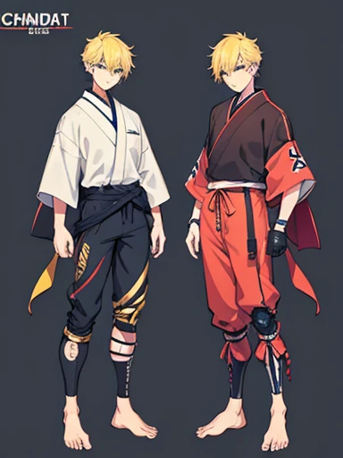 Concept ART Versions , Human Male , Japanese Fighting Clothing , cybernetic leg ,Pants , yellow short hair ,Barefoot ,