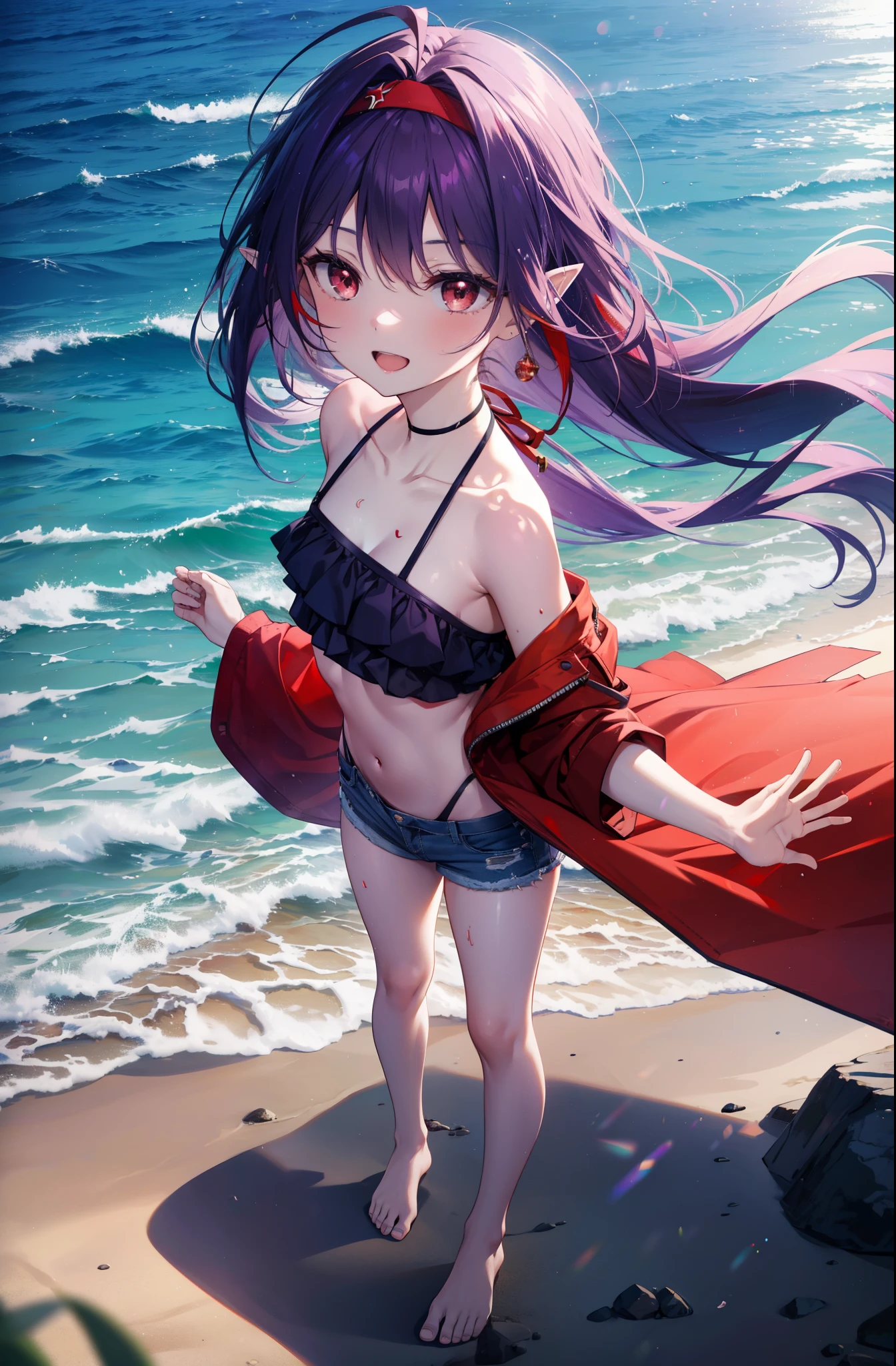 yuukikonno, Yuki Konno, hair band, long hair, pointy ears, purple hair, (red eyes:1.5), (small breasts:1.2),happy smile, smile, open your mouth, open your mouth,Purple bikini swimsuit,Short Damage Denim Pants,barefoot,barefoot,sandy beach,beach,Light of the sun,real summer,
break looking at viewer, Upper body, full body,
break outdoors, beach,
break (masterpiece:1.2), highest quality, High resolution, unity 8k wallpaper, (shape:0.8), (fine and beautiful eyes:1.6), highly detailed face, perfect lighting, Very detailed CG, (perfect hands, perfect anatomy),