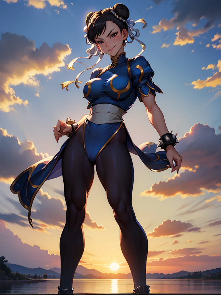 roupa azul,solo, low lighting, chun li masterpiece, best quality, agrias, grey sweater, black leotard, standing, looking at viewer, black hair,angry,smile,sunset,lago, reflexo na agua, por do sol
