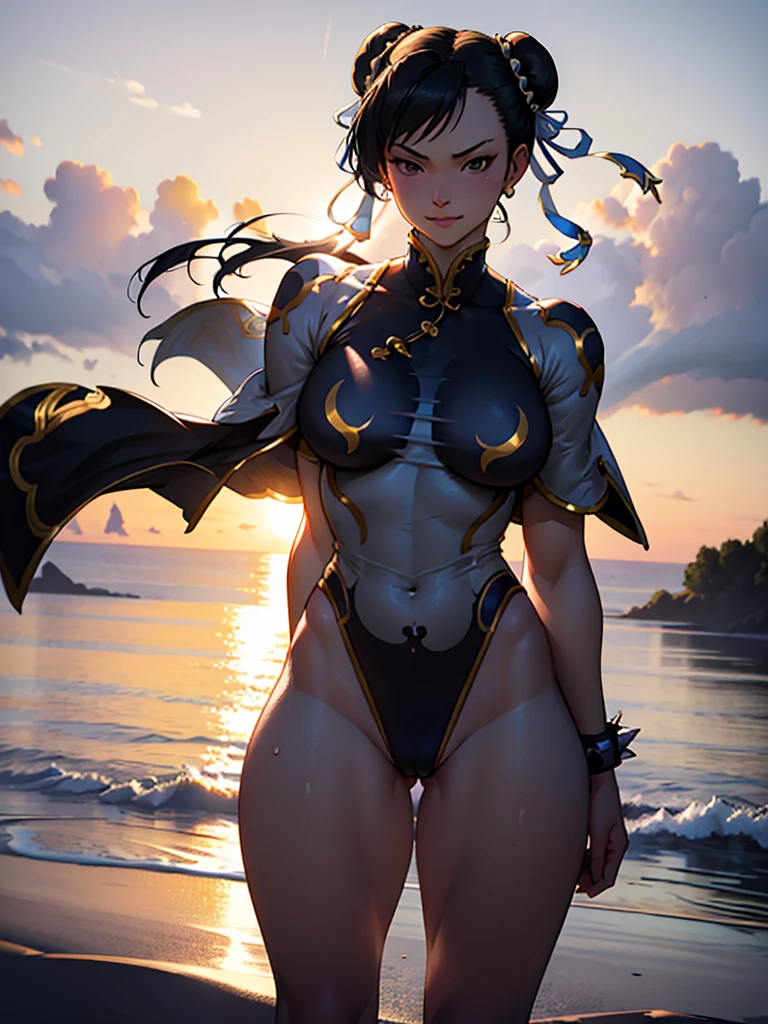 roupa azul,solo, low lighting, chun li masterpiece, best quality, agrias, grey sweater, black leotard, standing, looking at viewer, black hair,angry,smile,sunset,lago, reflexo na agua, por do sol