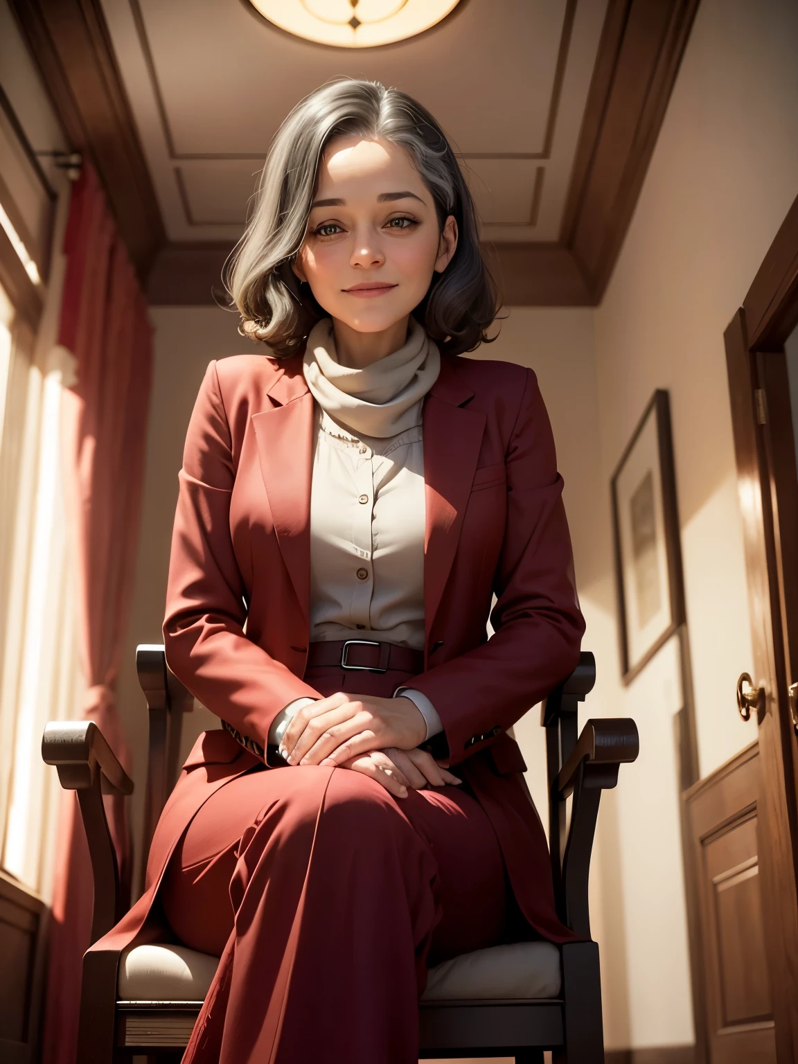 Marion Cotillard, old woman, 70 years-old, healthy skin, eyebrows raised, plaited greying black hair, wearing a crimson suit, red jacket and red trousers, smiling, red keffiyeh, sitting cross-legged in a comfortable chair, plain room with beamed ceiling