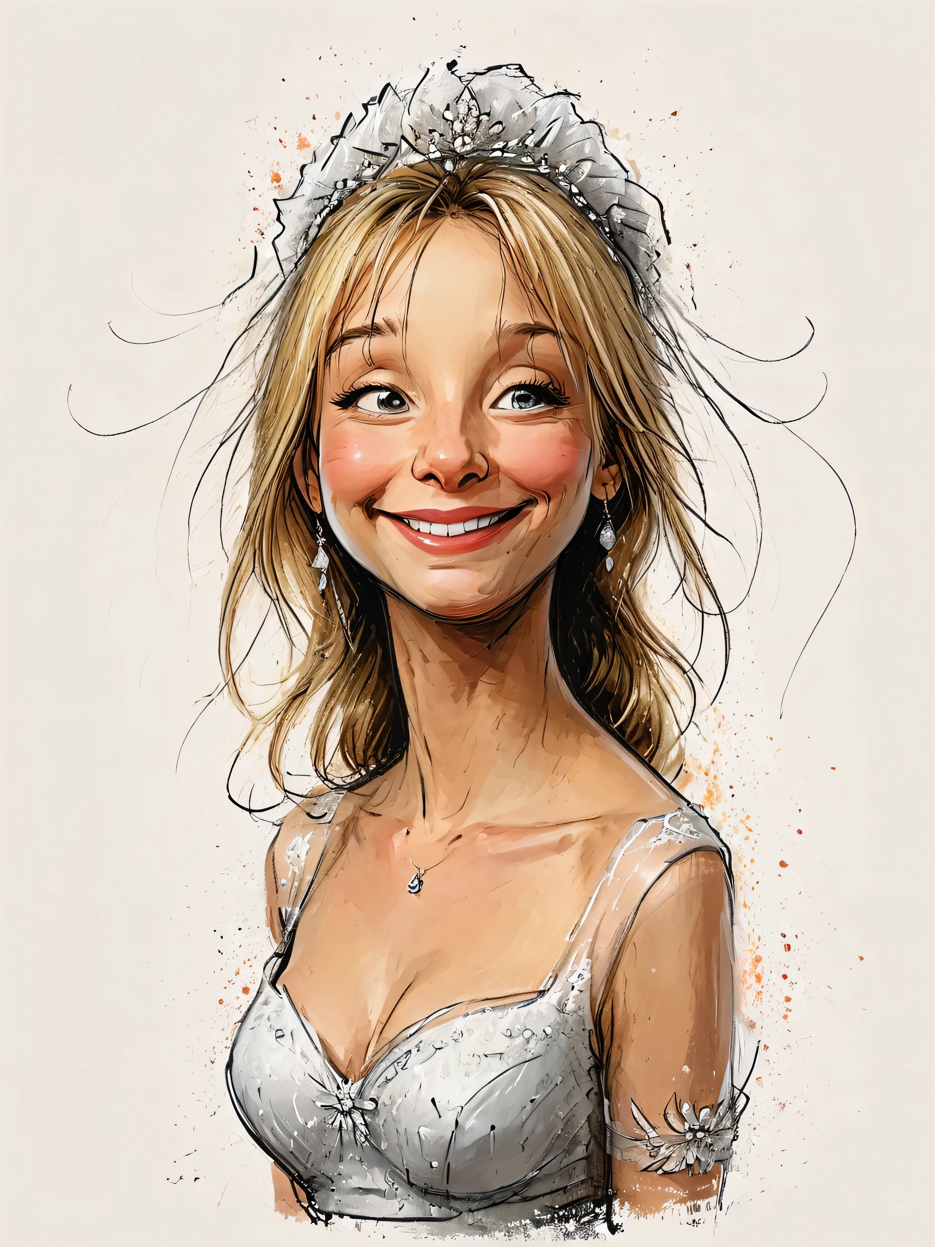 impactful color paint of cute drawing of Phoebe Buffay (played by Lisa Kudrow), 25 years old, wearing wedding dress and veil, highly detailed,  8k, sharp,  professional, clear,  high contrast, crystal clear