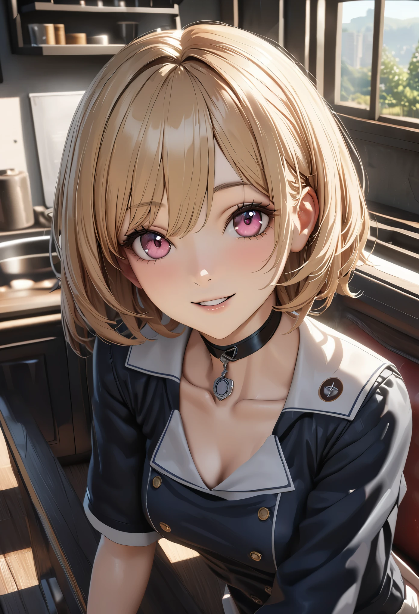 highest quality, highest quality, Super detailed, High resolution, High resolution, HDR, 4k, 8K, unity 8k wallpaper, Detailed CG, masterpiece, realistic, photorealistic, 2D, 3D, beautiful details, depth, fine texture , super fine: 1.3, Fully focused, Crispy.skin, .A very cute anime girl with blonde short hair in a stewardess outfit, her name is claire,smile, one girl, alone, blonde short hair, garden、Squirting、meeting、a mole under her eyes, looking at the viewer, denim miniskirt and black jumper、 blush, mole, parted lips, pink eyes, choker