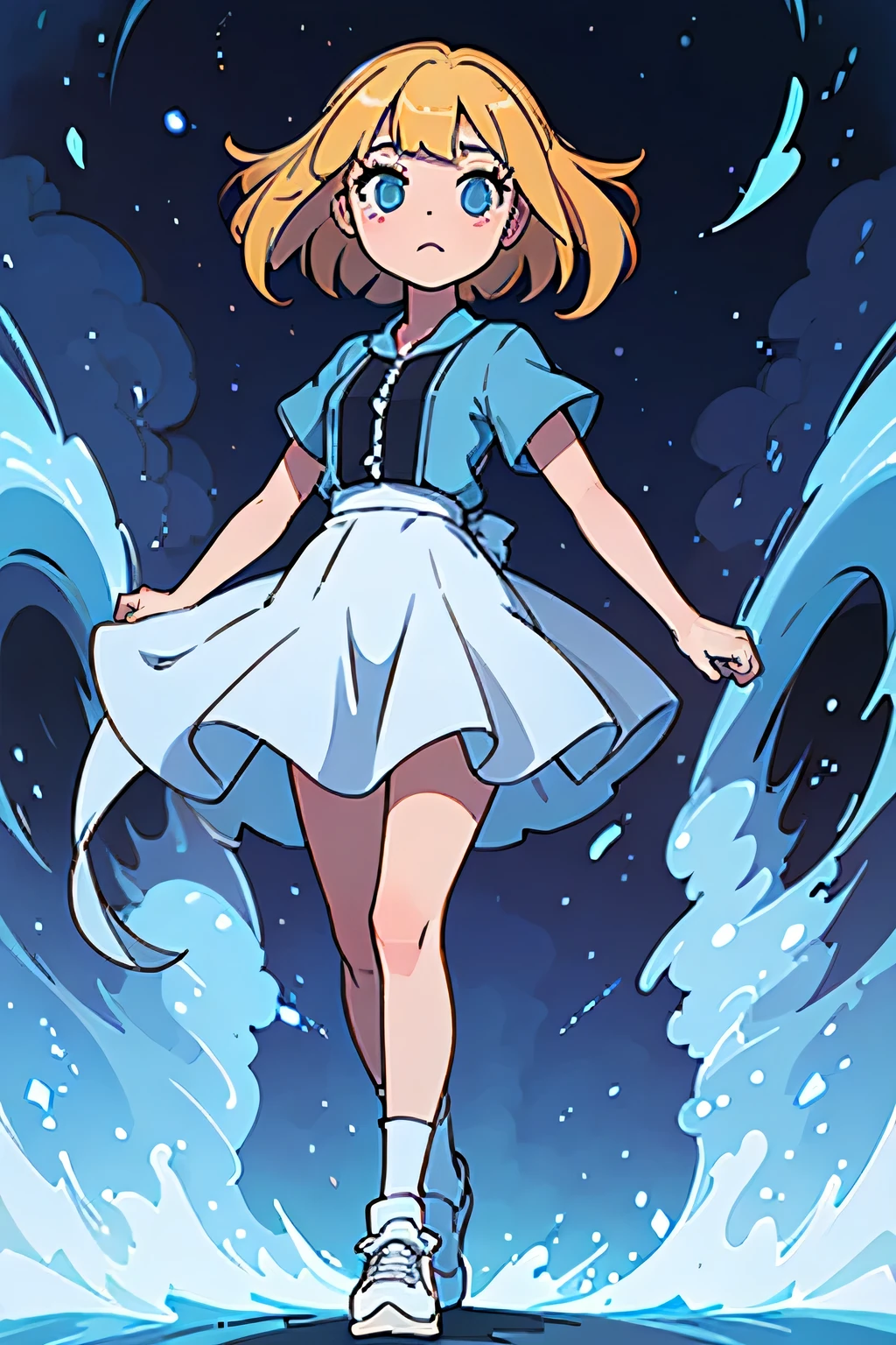 (Masterpiece, best quality), 12 year old girl. blonde hair with blue high-lights. blue eyes. wearing an ocean dress . wearing blue sneakers. wearing white. standing straight. arms at the side. facing forward.whole body can be seen. cosmic background.