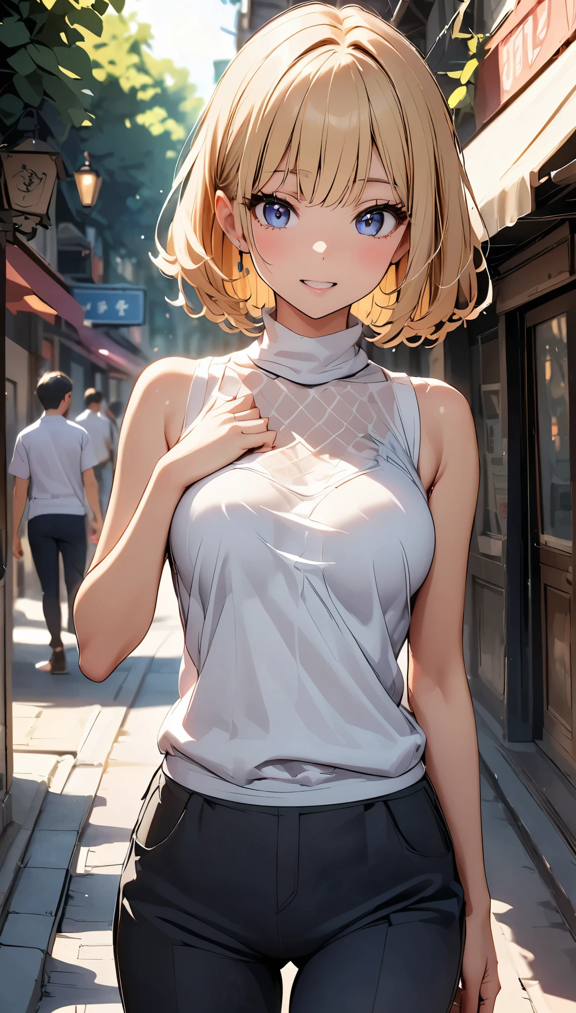 (highest quality, 8k, 4k, High resolution, masterpiece:1.2), Super detailed, beautiful illustrations, 鮮やかなcolor, Lens flare, natural light, one person, woman, beautiful face details, beautiful eyes, long eyelashes, soft lips, (small face), (紫colorの髪:1.6, long hair, 茶colorい目), perfect face, shiny skin, (beautiful breasts), open your mouth and laugh:1.2, (turtleneck knit:1.2, No sleeve, pants style), (shifting gaze, color々I&#39;m interested in something, light steps), bustling street, Strolling around, Light and shadow with attention to detail, background bokeh.